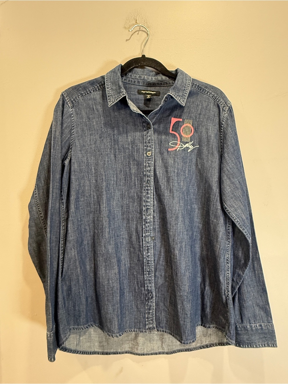Denim Button-Up Shirt with Pink Accent - Dolly Parton 50th Anniversary
